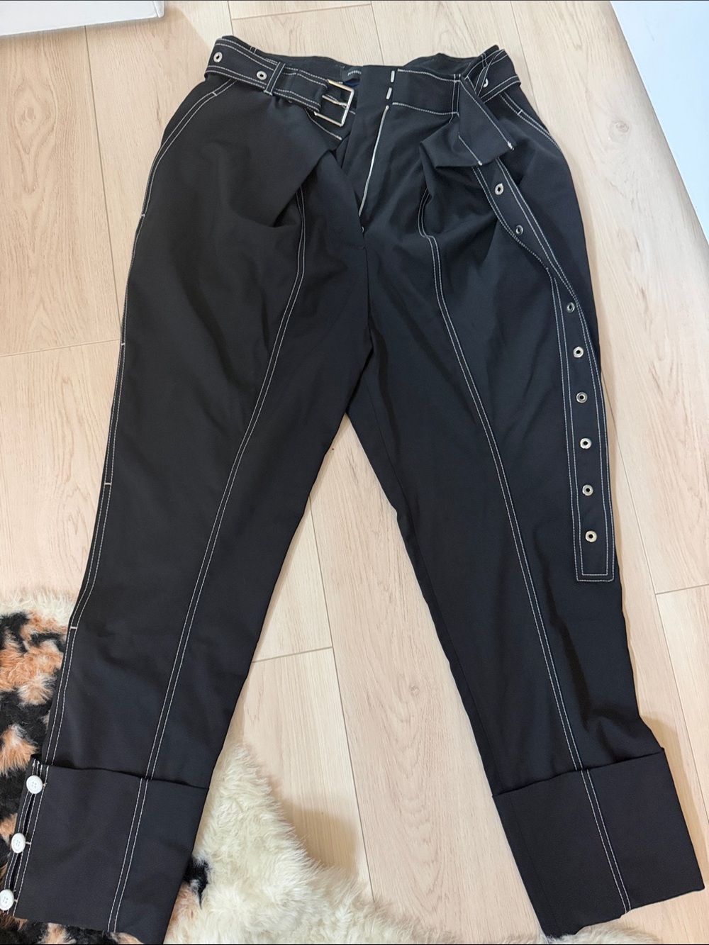 Proenza Schouler Black High-Waist Tailored Pants with Contrast Stitching